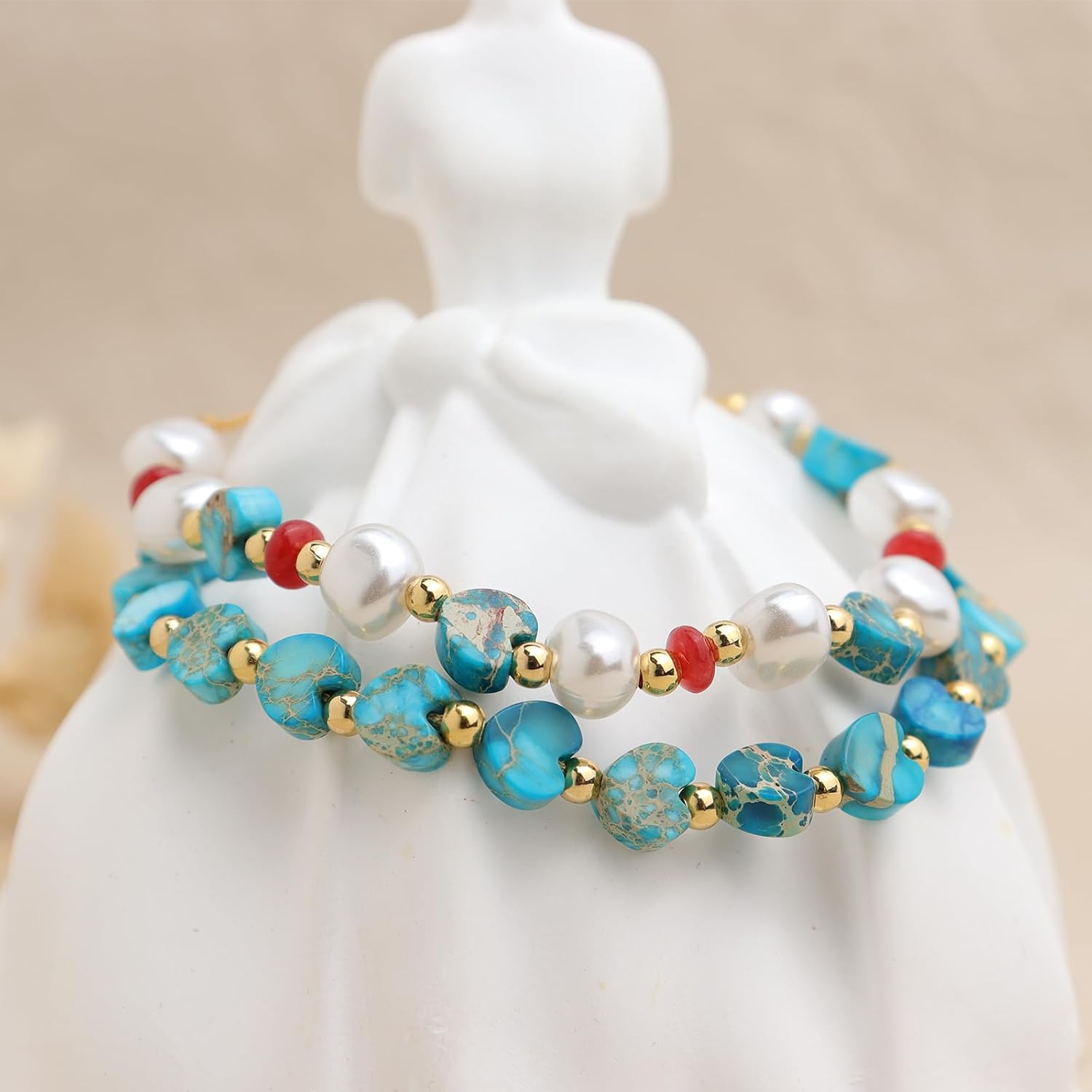 Valentines Day Boho Turquoise Heart Beads Pearl Stack Bracelets Set for Women, 2Pcs Handmade Dainty Gemstone Gold Adjustable Stackable Friendship Strand Bracelets Prom Jewelry Gifts. - Image 5