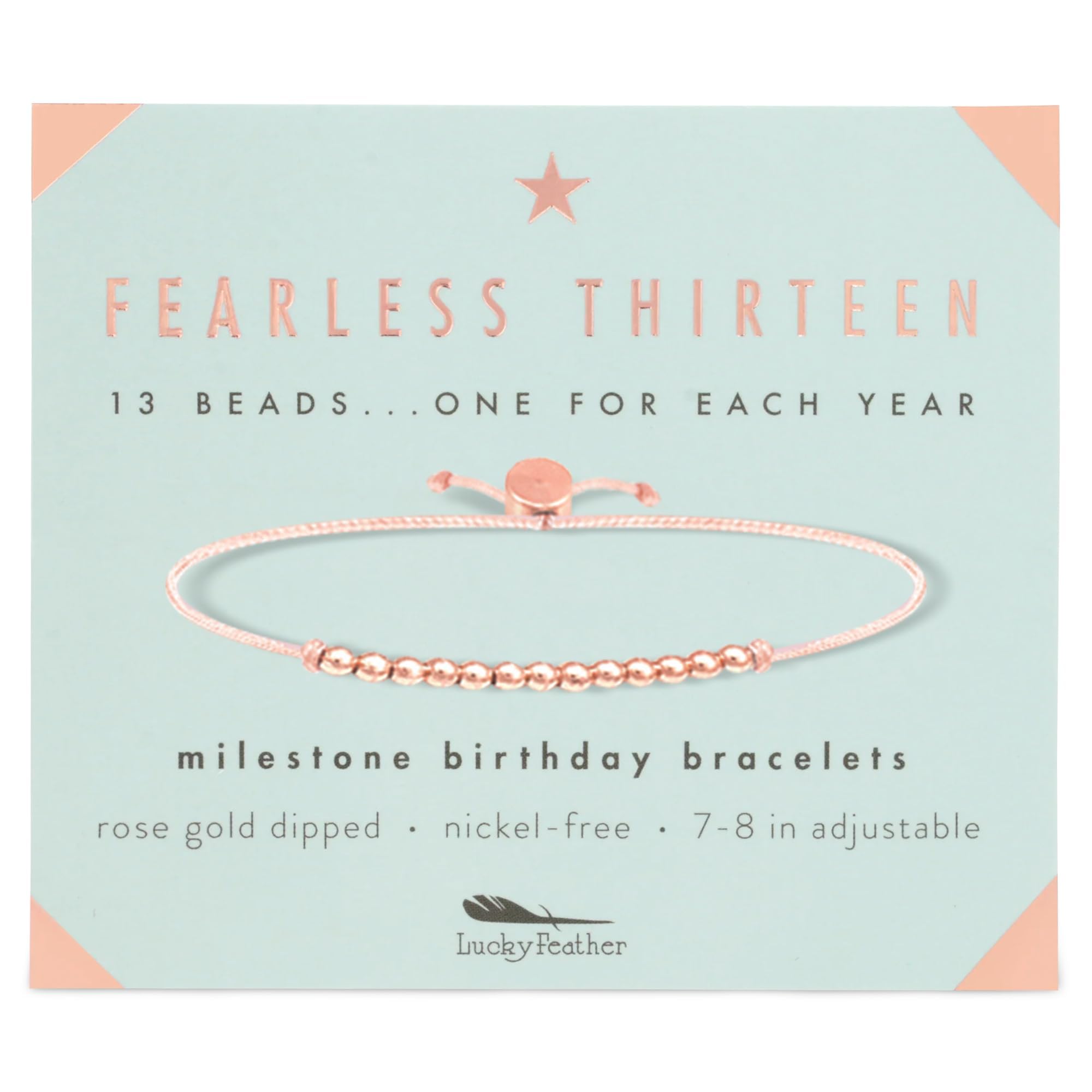 Lucky Feather 13 Year Old Girl Gifts | 13th Birthday Bracelet With Adjustable Cord & Message | 14k Gold Dipped Beads & Other Colors | Trendy Gifts For