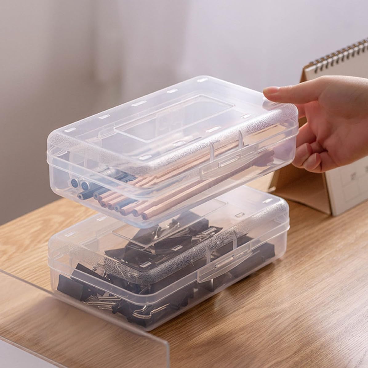 Set da 6 Scatole Trasparenti in Plastica Pp, Organizer per Penne e Matite, Contenitori Impilabili Semplici e Pratici per Ufficio e Scuola