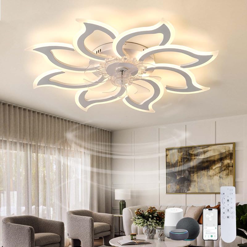 Grande Ceiling Fan with Light Bedroom LED Dimmable Ceiling Fan with Light Reversibile Compatible with Alexa Silent Ceiling Fan with Light Flor Smart 6 Speeds-White,Alexa