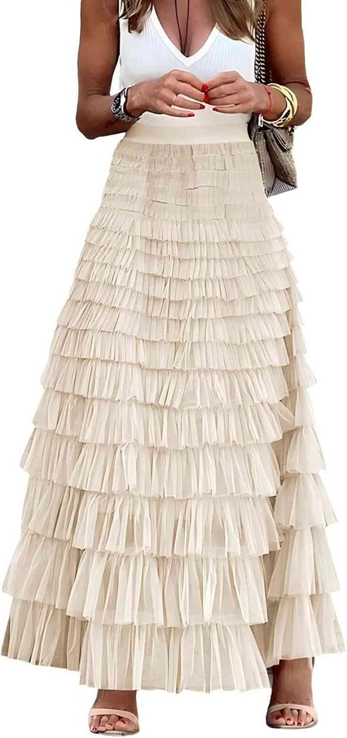 Mincib Womens Long Tulle Skirt A Line Ruffle Tiered Layered Skirts High Waisted Flowy Fairy Maxi Skirts