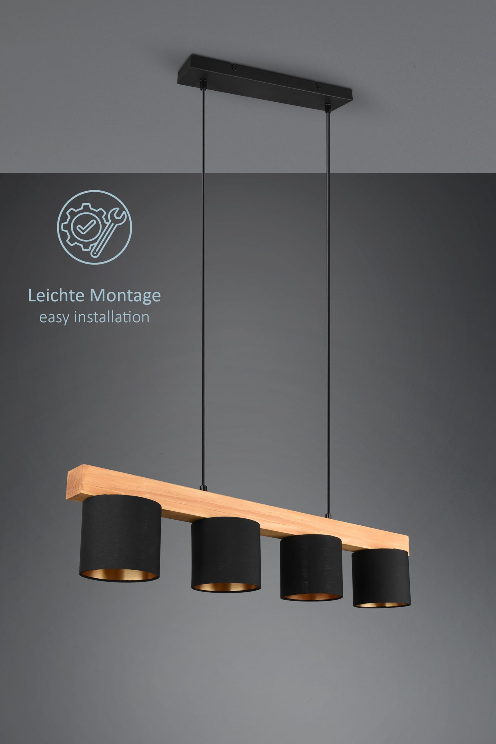 Cameron Pendelleuchte, 4-flammige Hängelampe, Schirm aus Stoff in schwarz gold, Korpus aus Holz, Hängeleuchte Esstisch, Höhe: verstellbar bis 150 cm, Breite: 75 cm, exkl. 4 x E14 max. 28W