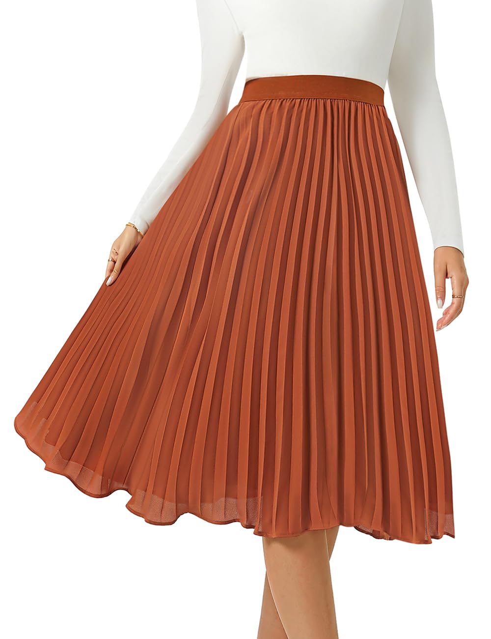 Women's Midi Skirt Elastic High Waist Pleated Skirt Knee Length Swing A-Line Casual Flowy Skirts 2025