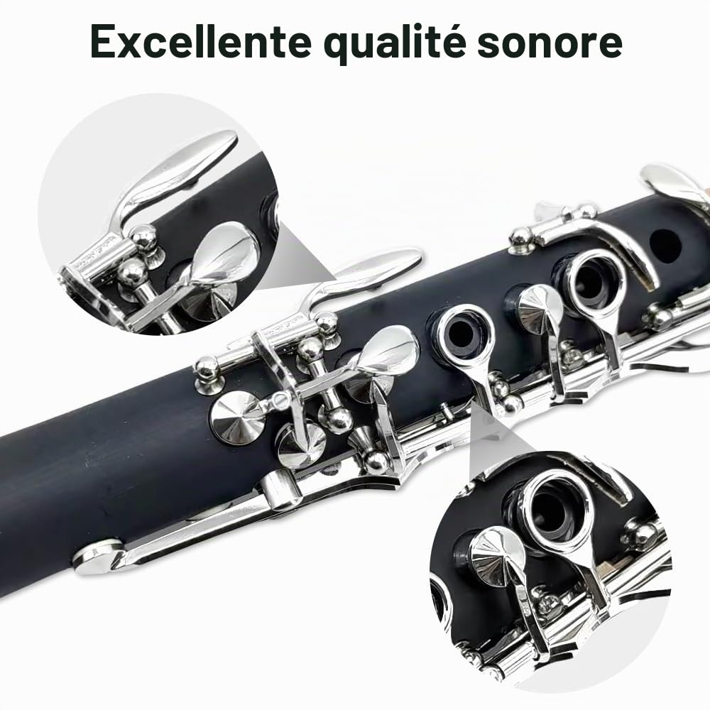 Yinfente Clarinette en Si Bémol pour Débutants et Étudiants, Noir, Ébonite, avec Étui de Clarinette, Kit de Nettoyage, Pie-Bouche, Graisse de Liège, 17 Touches, Standard