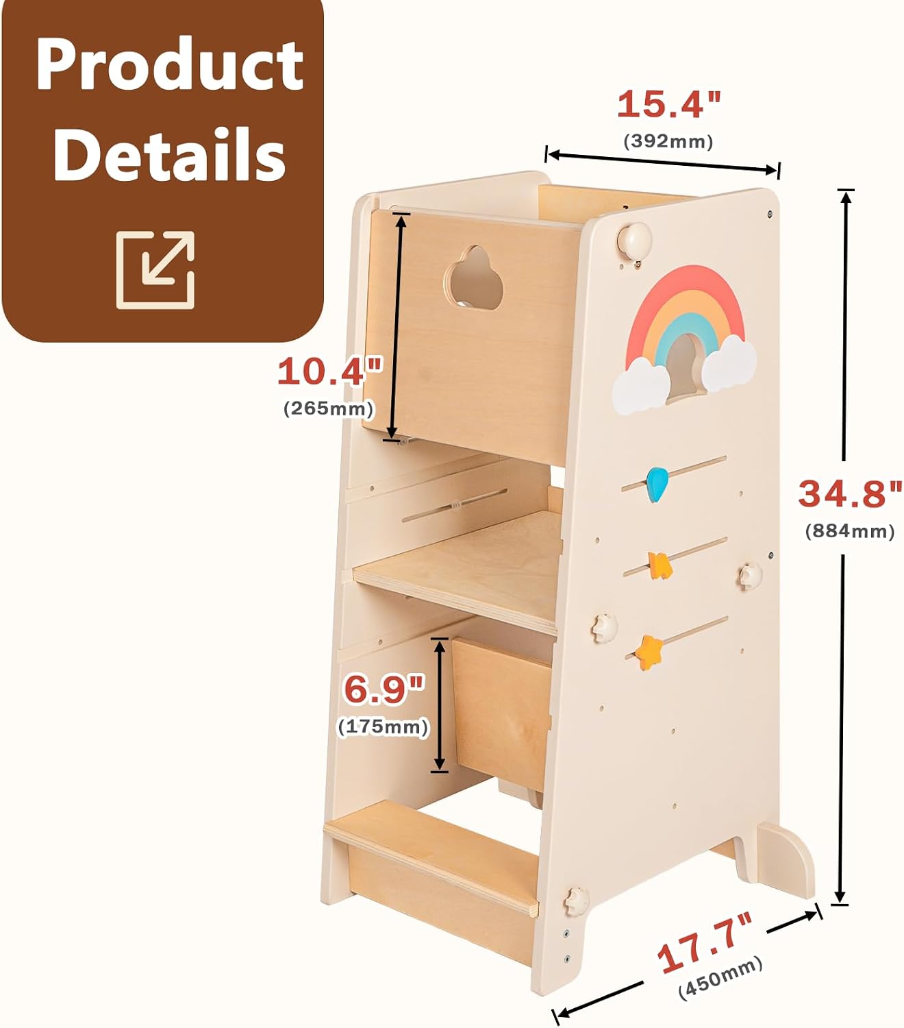 Foldable Toddler Tower for Kitchen Counter, Height Adjustable Wooden Montessori Learning Step Stool Helper with Safety Rail for Kids and Baby 18 Months to 5 Years