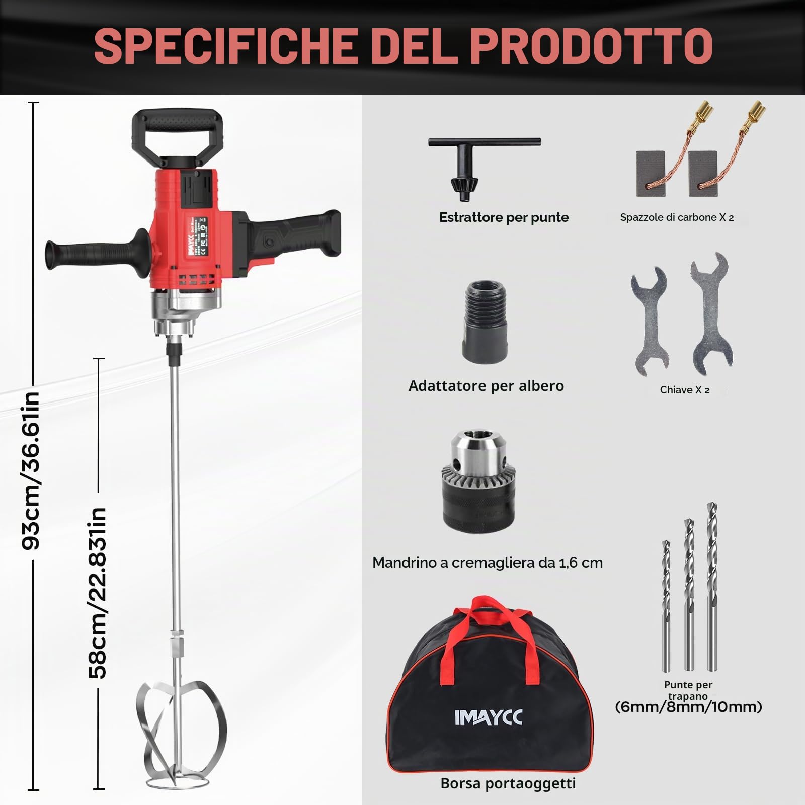 IMAYCC 3200W Betoniera Elettrica per Trapano, 2 in 1 Foro e Miscelatore Multifunzionale Miscelatore per Malta Portatile per Miscelazione di Vernice,Liquame di Cemento,Calcestruzzo, Malta, Foraggio,