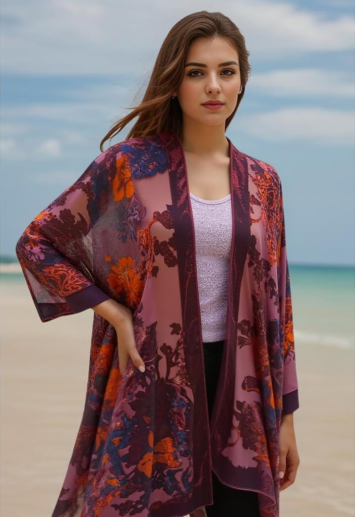 Burnout Velvet Kimono for Women Long Cardigan Cover Up Open Front Blazer - Image 8