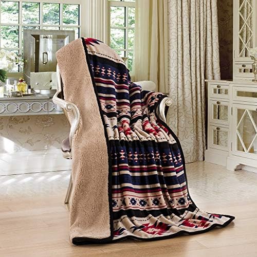 Southwest Design Sherpa Lined Throw Blanket 50"x 60" (Blue_Beige) - Image 6