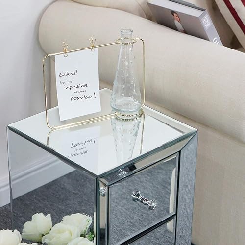 Miniatura 7 de Juego de 2 mesitas de noche con espejo de 2 cajones, mesa auxiliar de cristal con cajones, mesita de noche plateada con asas de cristal, mesa de