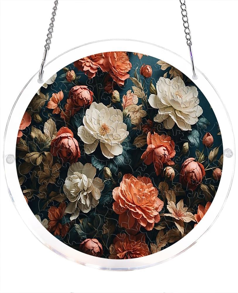 Floral Pattern with Roses and Leaves Acrylic Jigsaw Puzzles Suncatcher, 8.2 Inch Window Hanging Suncatcher Acrylic Puzzle, DIY Home Decor Art Gift
