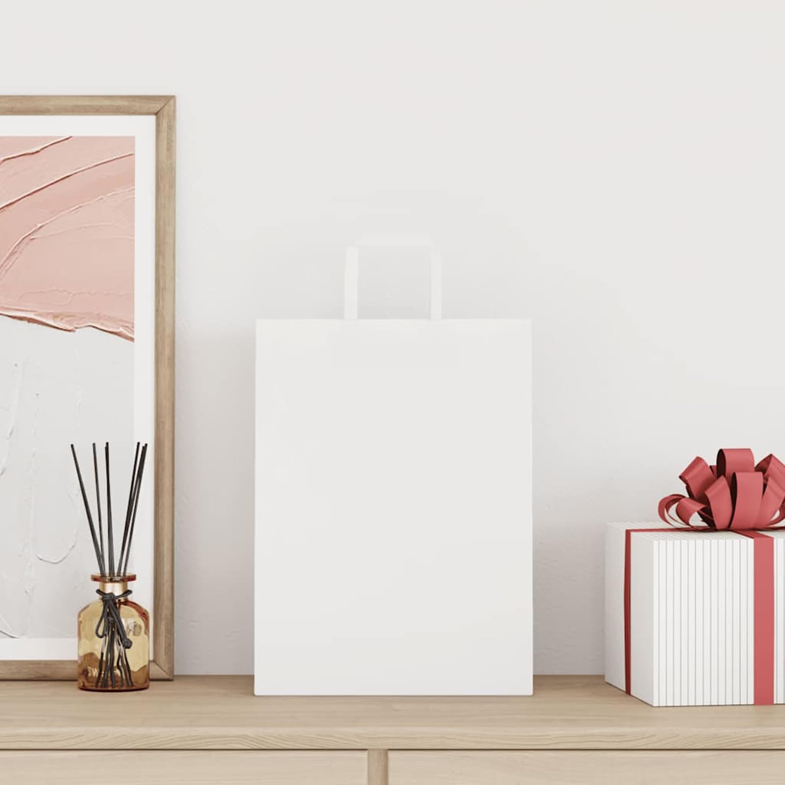 Fecpoo Papierowe torebki 250 szt. – białe torebki papierowe o gramaturze 80 g/m², 26 x 12 x 35 cm, ze stabilnymi uchwytami linowymi papierowymi, przyjazne dla środowiska, do pakowania prezentów
