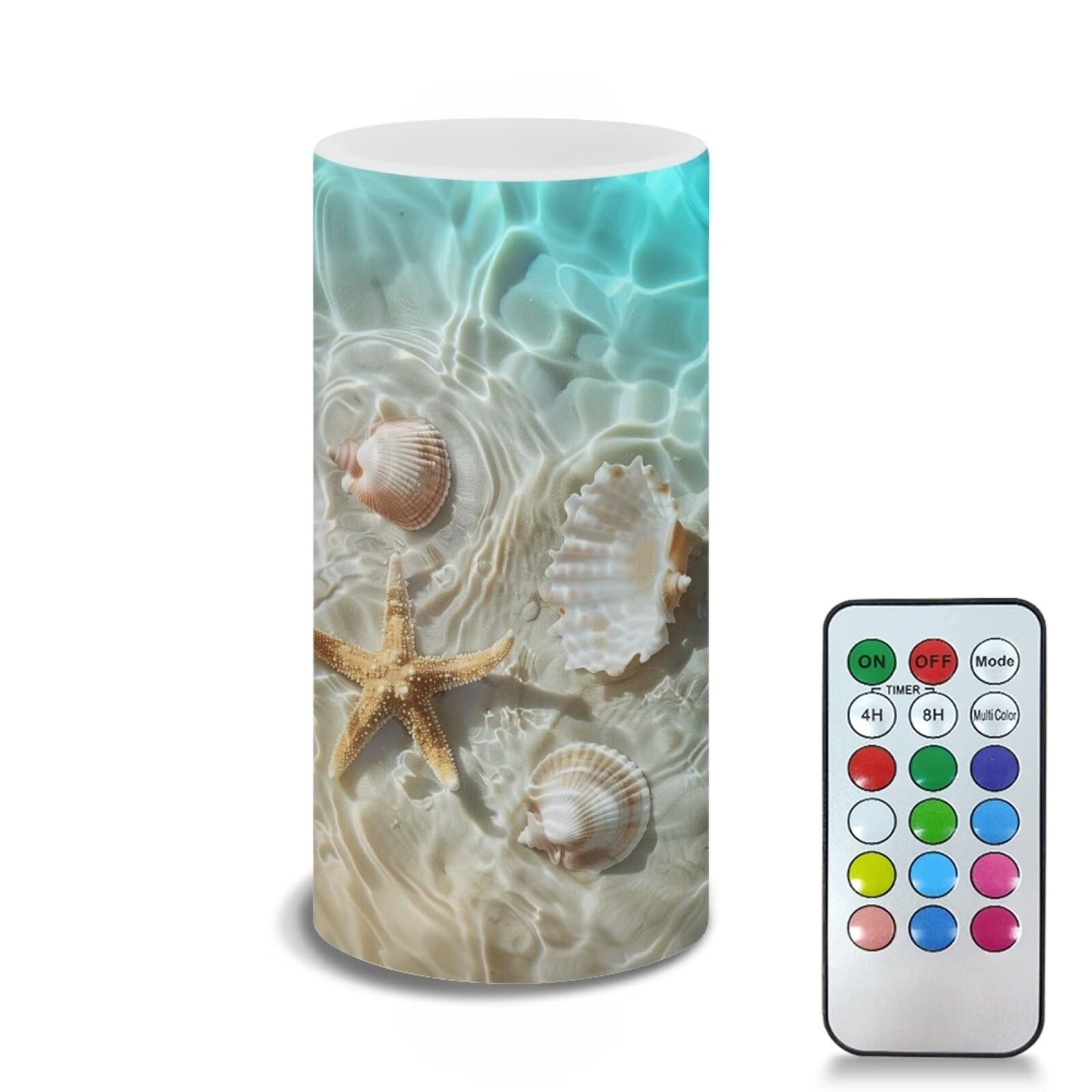 Poceacles Beach Starfish Seashell Flameless Candle Battery Powered with Remote Control 12 Colors 4/8 Hours Timer LED Night Lights Pillar Candle Tealights Beach Themed Home Decor