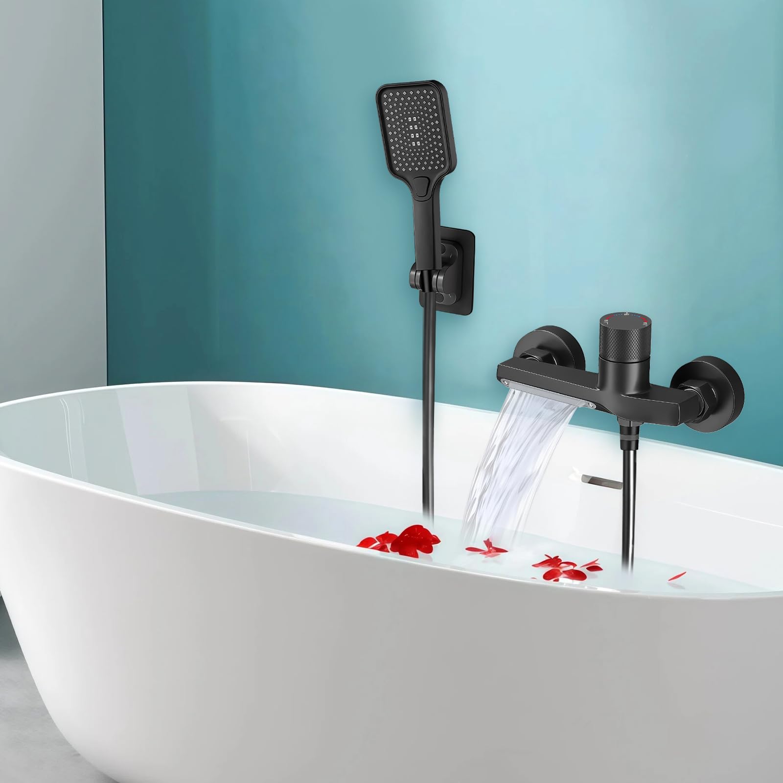 Grifo para Bañera y Ducha con Alcachofa de Mano, Monomando Mezclador de Latón, Montado en Pared 150cm Cable PVC