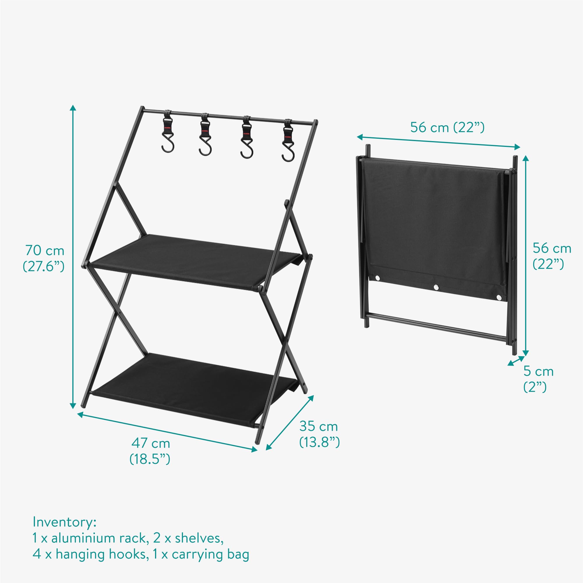 Navaris Scaffale da Campeggio Pieghevole 2 Ripiani 4 Ganci Portatile Salvaspazio Capacità Max 25 kg Nero