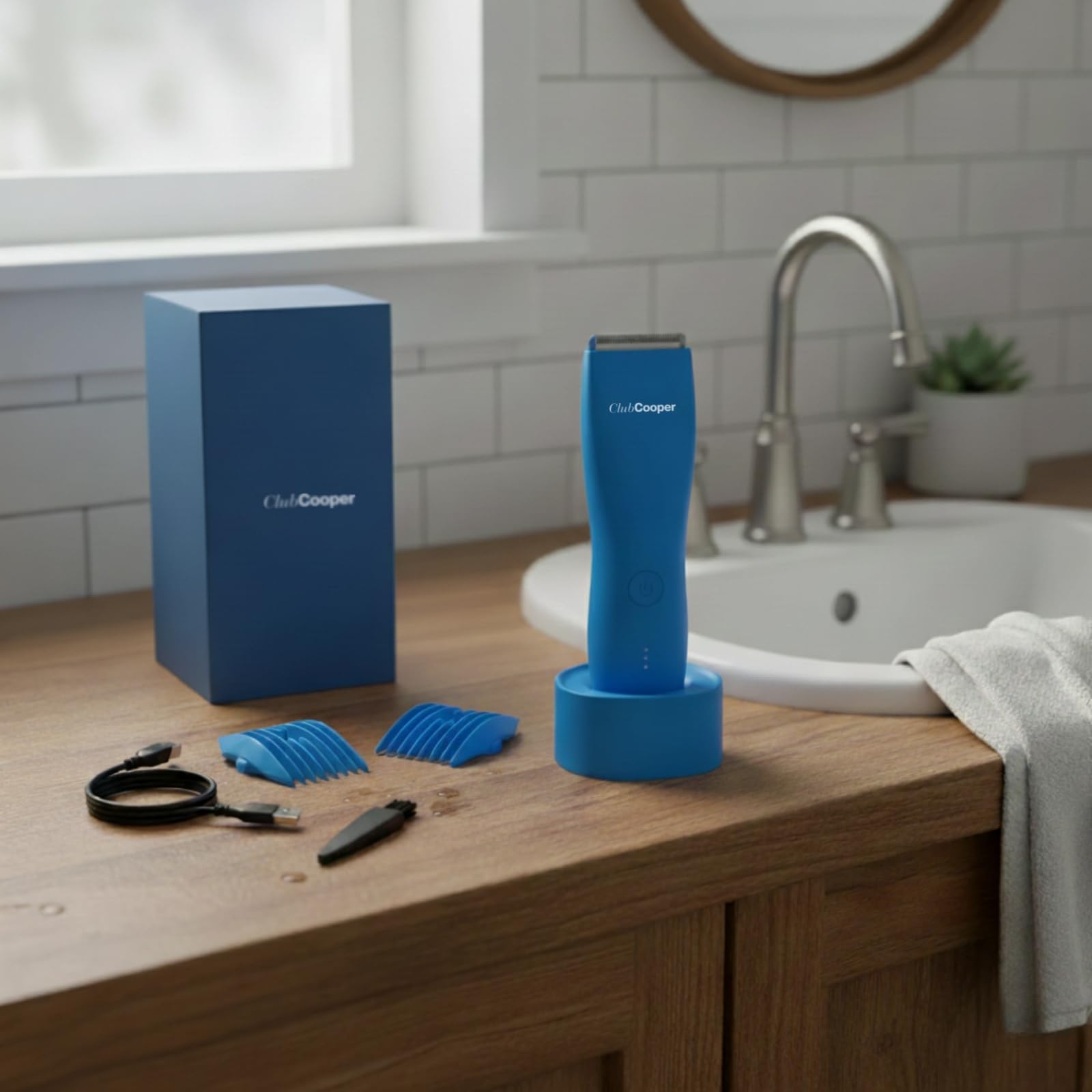 Tondeuse Intime Homme ClubCooper – Tondeuse Corps Homme Parties Intimes – Rasoir Électrique Anti-Coupures Zones Sensibles – Lame Céramique Waterproof – Pubis Testicules – 0/3/6/9/12mm USB (Bleu)