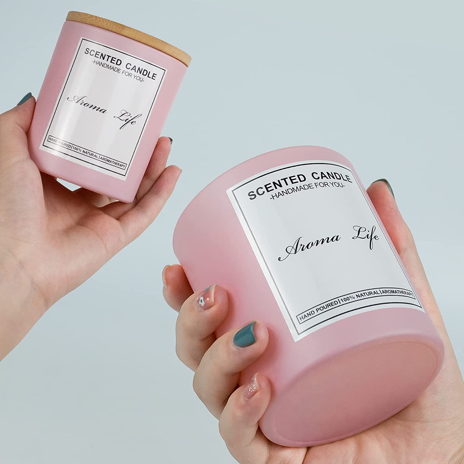 Creahaus Confezione da 16 barattoli spessi con coperchi in bambù per realizzare candele, contenitori vuoti per candele in vetro rosa sfuso ed etichette adesive, kit di etichette riscaldanti,