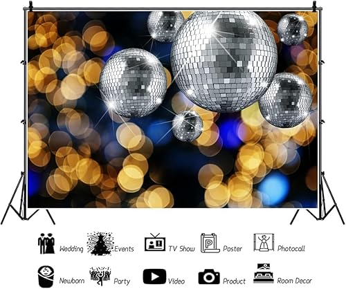 Miniatura 2 de Renaiss Fondo de vinilo de 10 x 7 pies para fiesta de discoteca plateada, bola de discoteca dorada, enfoque virtual dorado, fondo bokeh para adultos