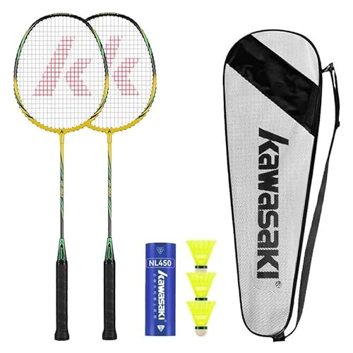 Kawasaki - Juego de 2 raquetas de bádminton con eje de grafito, marco de aleación de carbono, para entrenamiento, deportes y entretenimiento, con 3 volantes de bádminton, 2 overgrips y bolsa de