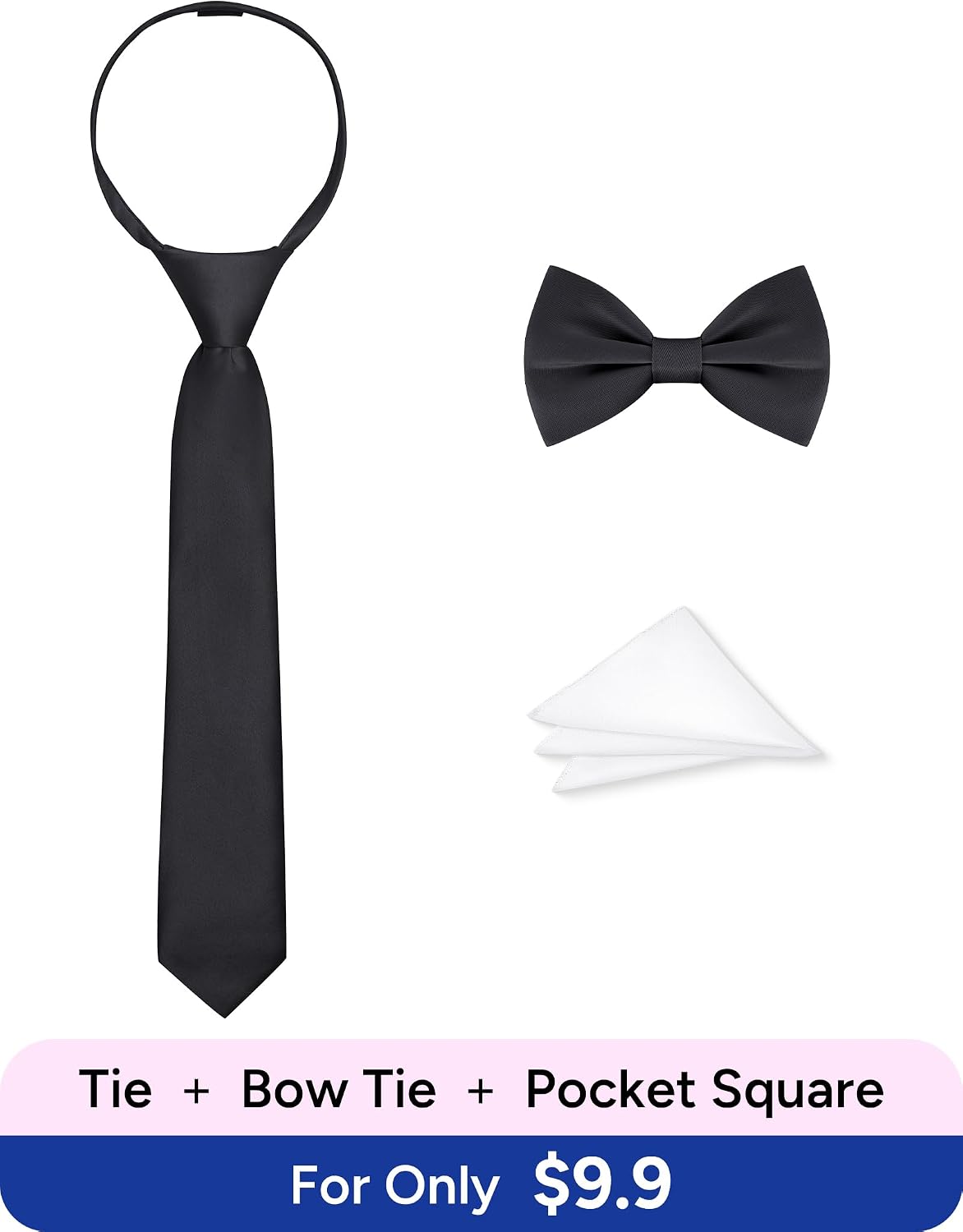 Boys Tie Set, Bow Tie & Pre-Tied Zipper Necktie, Pocket Square