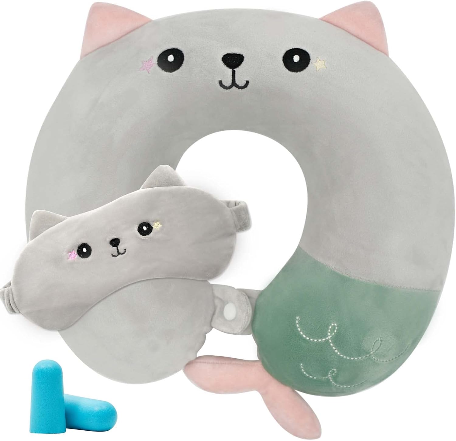 beauvue Kids Travel Neck Pillow, Animal Memory Foam Neck Pillow with Cute Eye Cover & Earplugs, Kids Neck Pillow for Traveling, Lightweight Travel Pillow Set for Airplane, Train, Car, Bus, Home Use