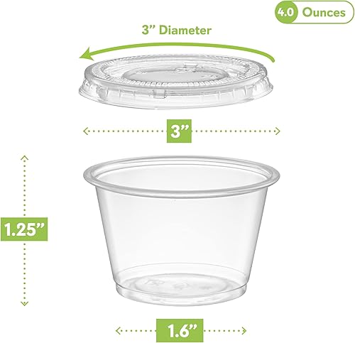 Miniatura 48 de {1 oz – 100 juegos} Vasos de plástico sumergibles negros con tapas, pequeños recipientes para control de porciones, chupitos de gelatina