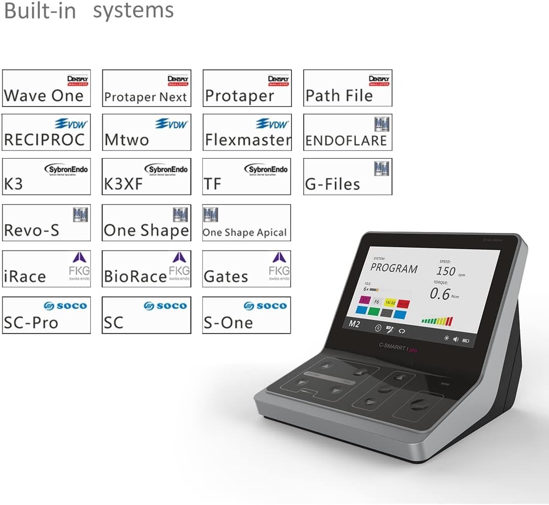 Screen display showing a list of built-in dental file systems available on the COXO C-smart-1 Pro, including Wave One, ProTaper Next, ProTaper, Path File, RECIPROC, Mtwo, Flexmaster, ENDOFLARE, K3, K3XF, TF, G-Files, Revo-S, One Shape, One Shape Apical, iRace, BioRace, Gates, SC-Pro, SC, and S-One.