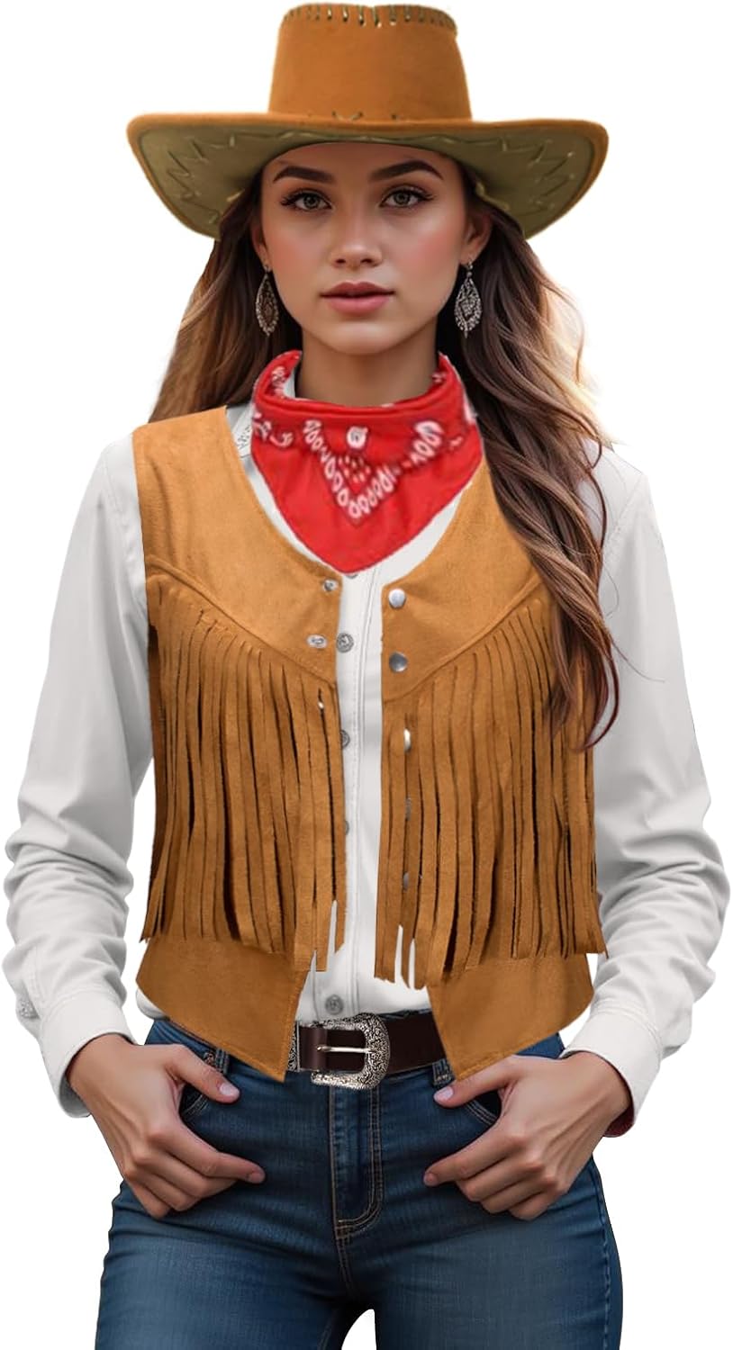 Women Cowgirl Costume Western Vest Hat Belt Set for Cowgirl Cowboy Halloween Cosplay - Image 2