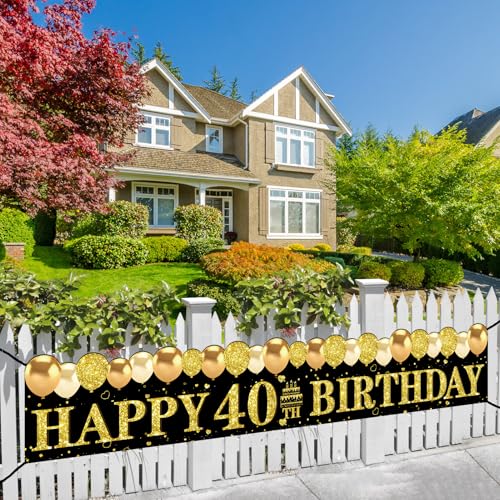 Image of Kuxriox Happy 40th Birthday Decoration for Men Women, Large 40th Birthday Banner Backdrop, Black Gold 40 Year Old Birthday Sign Party Supplies(9.8x1.6ft)