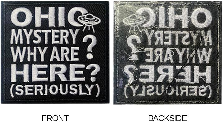 U-Sky Sew or Iron on Embroidered Patches | Ohio UFO Mystery Design with WHY are WE HERE? (Seriously) Text | Humorous State Pride Theme | Jackets Hats Bags Denim | 3"x2.8" 3PCs Pack image 3