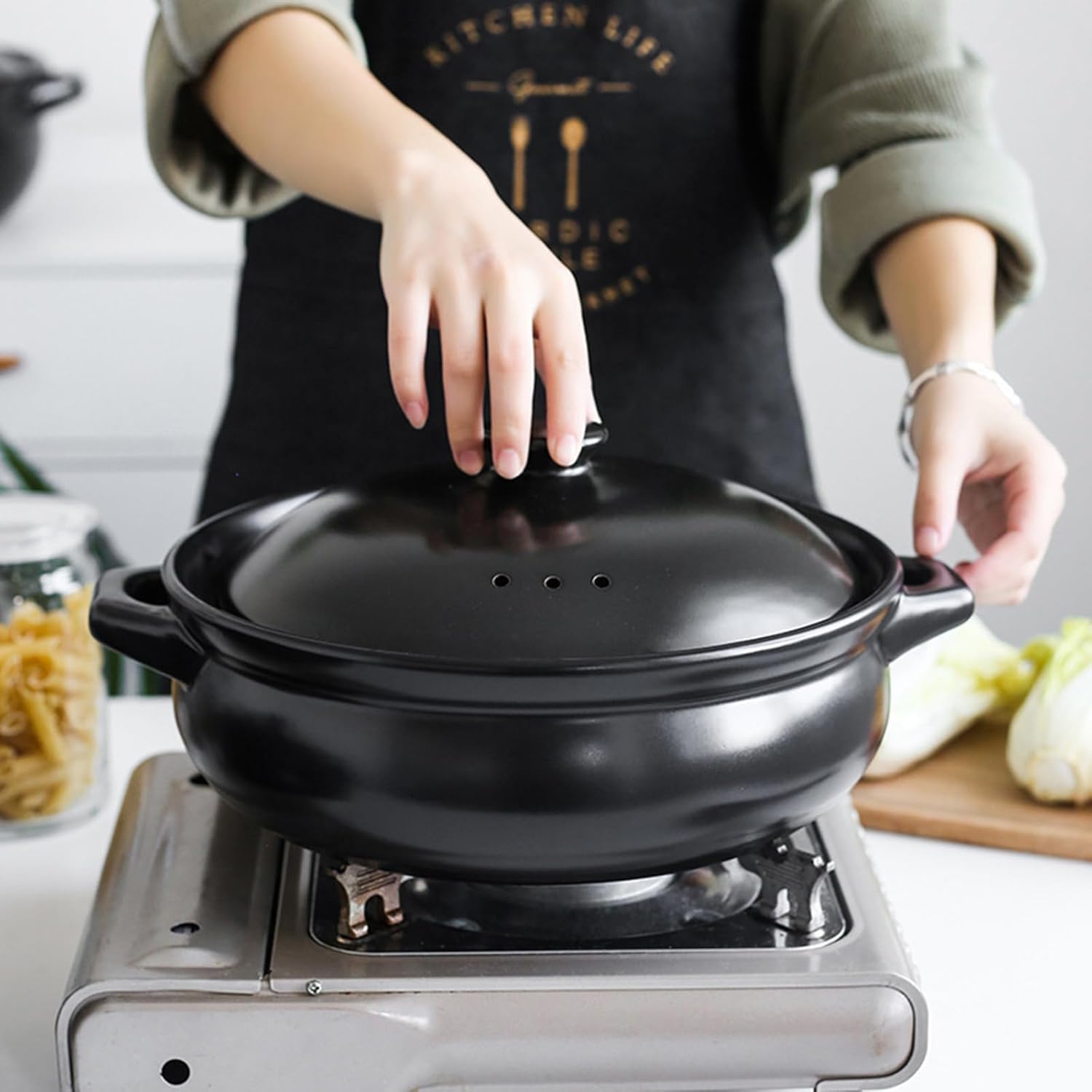 Große Schwarze Keramik-suppenterrine Mit Deckel – Handgefertigter Steinguttopf, Spülmaschinen- Und Mikrowellengeeignet, Ideal Für Zuhause Und Gastronomie Black 5 Quarts