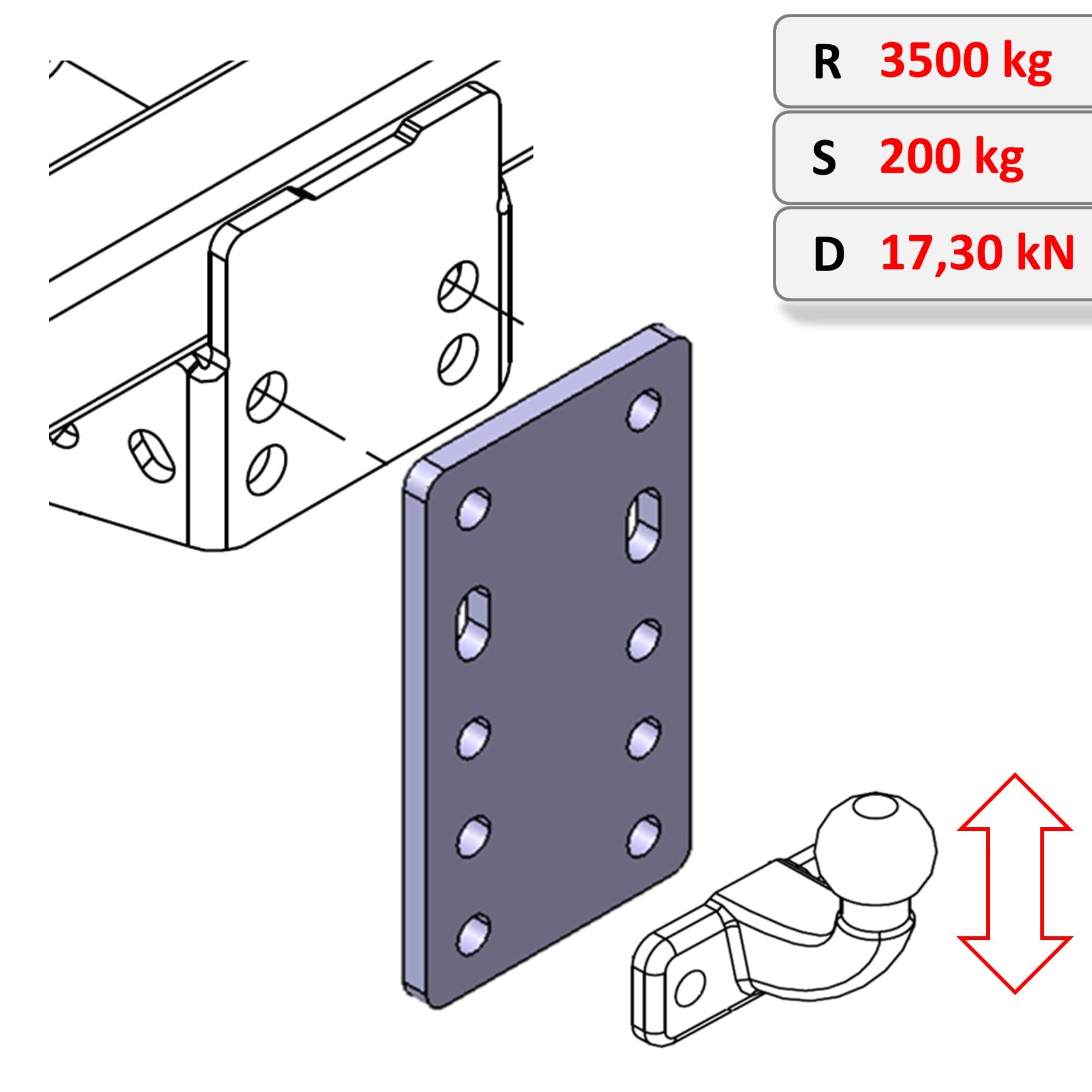 XIMPLIO Universele adapterplaat, aanpassing kogelhoogte, kogelverstelplaat met ABE, voor trekhaak, trekhaak, AHK-schroefplaat, 2-gaten 90 mm / 4-gaten 83 x 56 mm (met schroeven 4 x M10