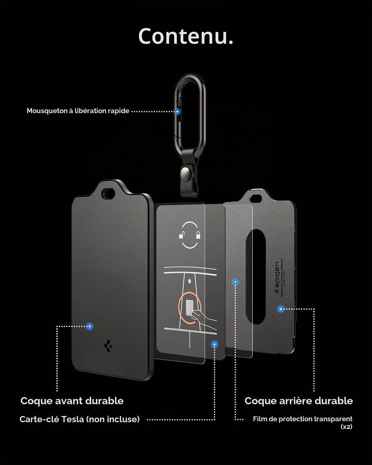 Spigen Porte-Carte pour Tesla [Lot de 2] Étui Carte-Clé avec Mousqueton Compatible avec Tous Les Modèles, Accessoire pour Tesla Model Y (~2025 2026 Juniper), 3 (~2024-26 Highland), S, X - Noir