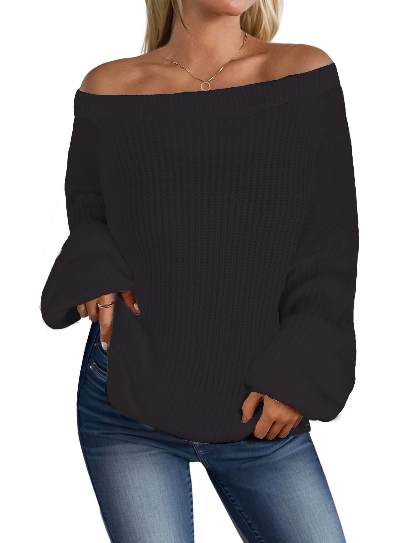 MARZXIN Women's Striped Off the Shoulder Sweaters Cute Oversized Fall Tops