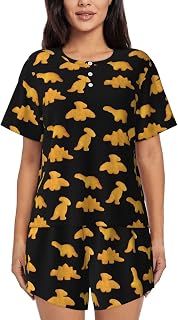 Cute Dinosaur Chicken Nuggets Pattern Womens Pajamas Set,Short-Sleeved Pajama 2 Piece Sleepwear with Pockets