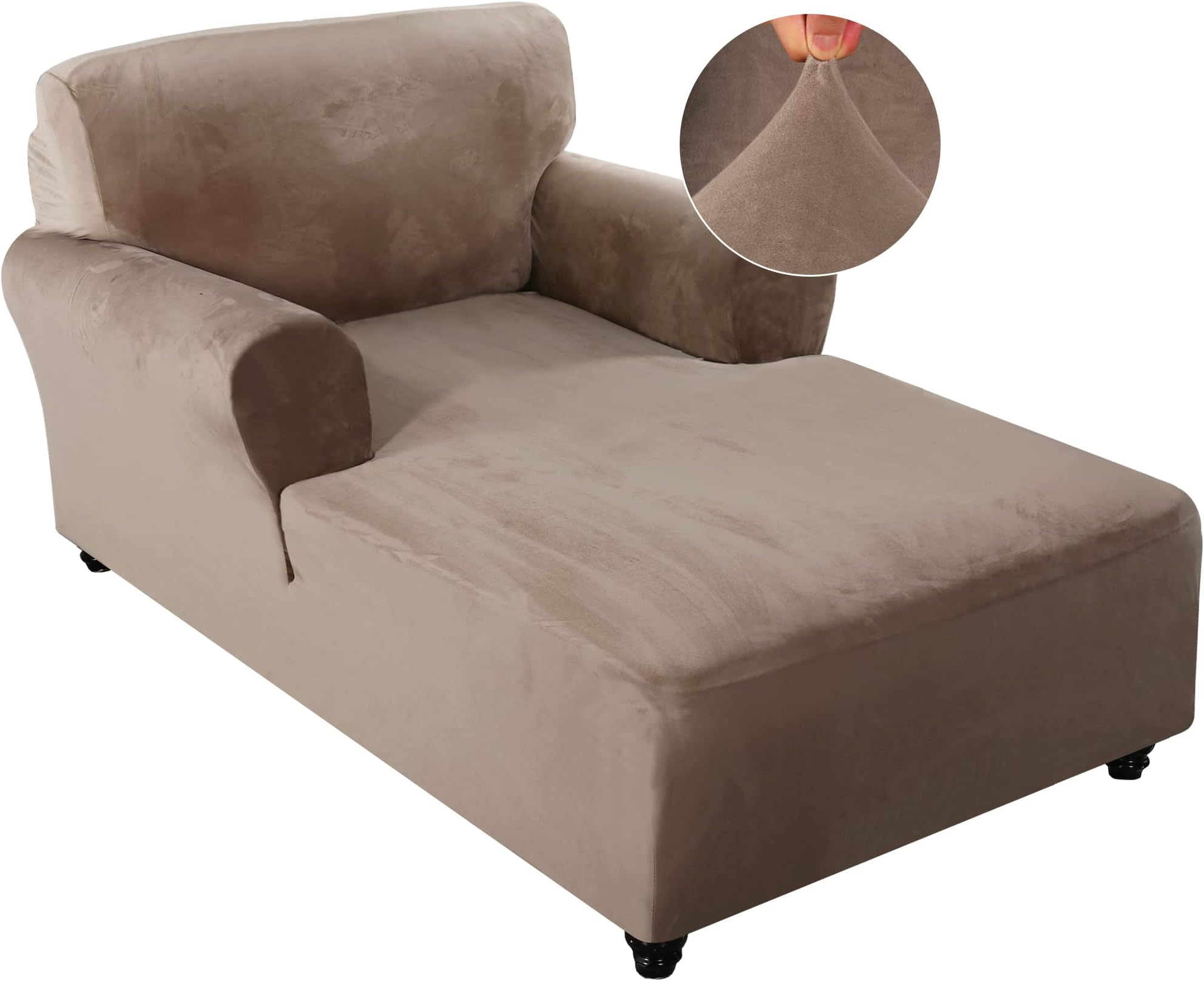 FantasDecor Velvet Chaise Lounge Cover Stretch Double Arm Chair Slipcover for Living Room Bedroom Soft Plush Fabric Machine Washable, Taupe
