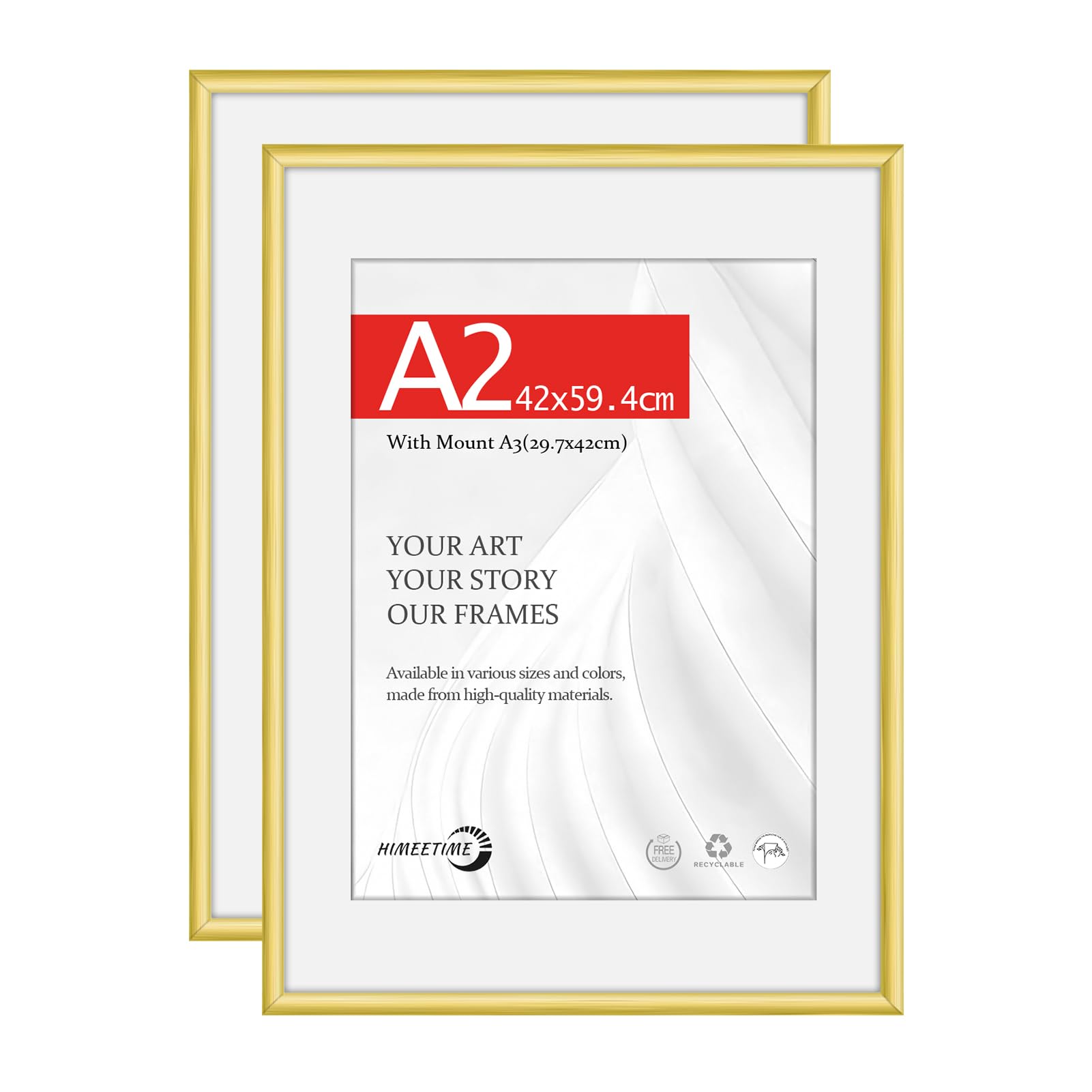 HIMEETIME® 2x A2 Picture Frame 42x59.4cm,Gold Matte Aluminum Metal Frame,30x42cm Mat Included,Shatterproof Acrylic Glass,Wall Mounting Only