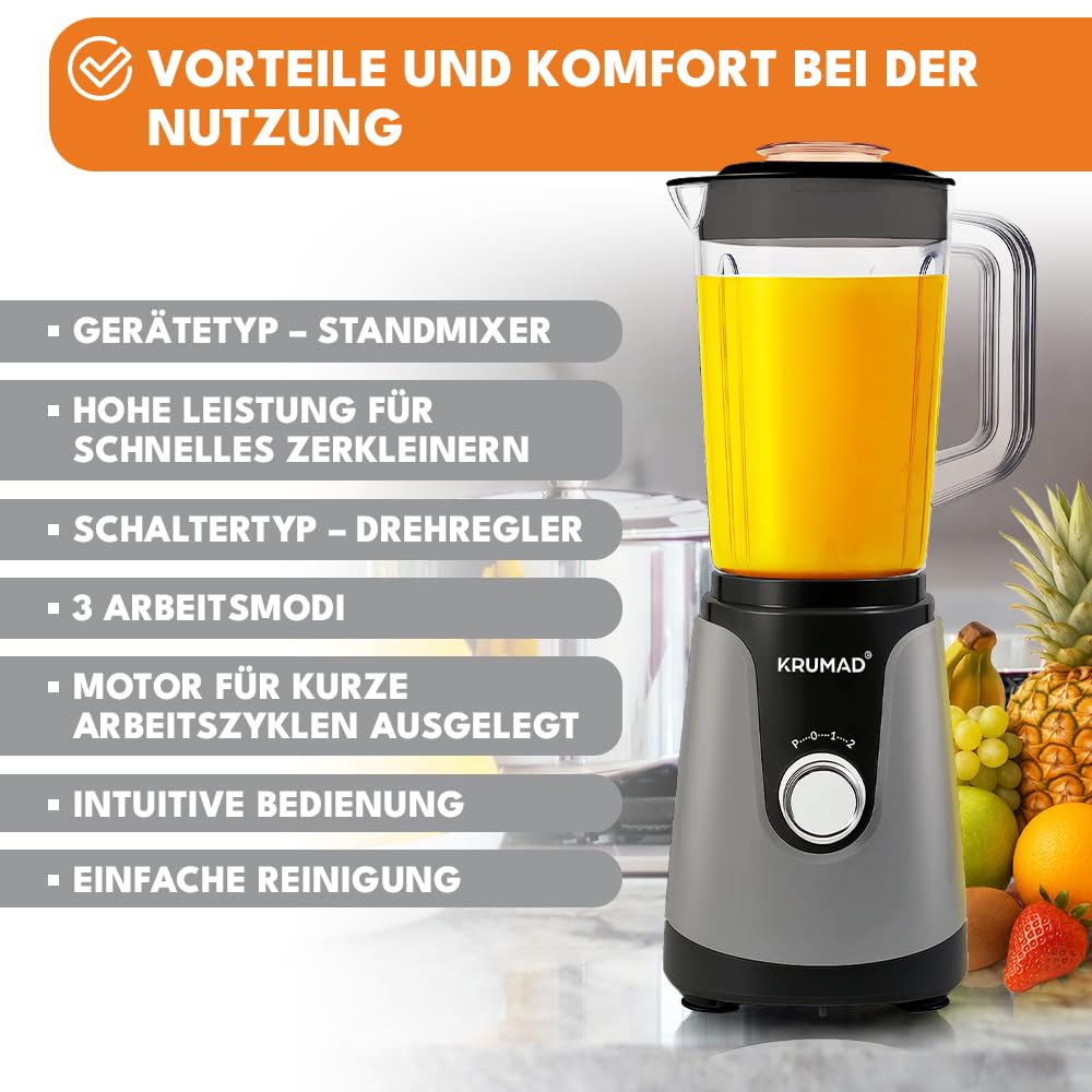 KRUMAD Blender kielichowy 1200W – Wysokowydajny blender z kielichem Tritan 1,2L (BPA Free), 2 prędkościami i funkcją pulsacyjną – Stalowe ostrza – Do smoothie, zup i koktajli