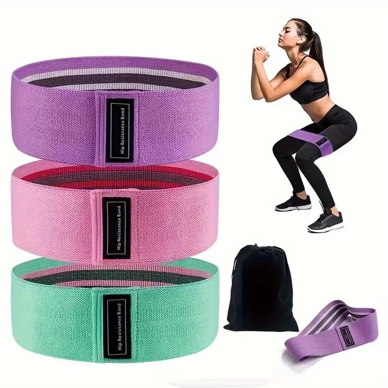 Set de 3 Bandas Elásticas Antideslizantes de Tela para Fitness con Bolsa – Cintas de resistencia de tela – Bandas de Resistencia para Piernas y Glúteos en Niveles Ligero, Medio y Fuerte
