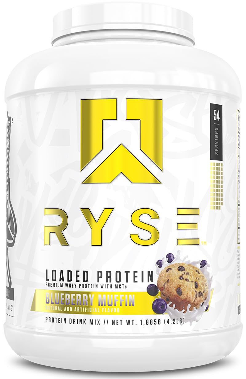RYSE Loaded Protein Powder - Blueberry Muffin - 25g Whey Protein Isolate & Concentrate with Prebiotic Fiber & MCTs - Low Carb, Low Sugar, Digestive-Friendly - 54 Servings / 4 lb Tub