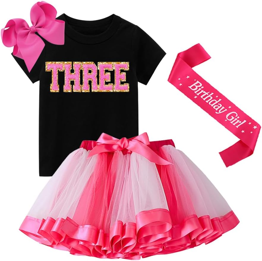 D.O.T Girls Birthday Outfits Shirt Tutu Skirts Set Hair Bow Sash Clothes Set Toddler Baby 2nd 3rd 4th 5th 6th 7th 8th