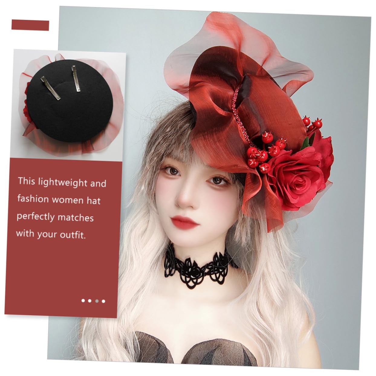 SHERCHPRY Head Decorations for Women Red Rose Decorative Top Hat Stylish Hat for Party Wedding Bridal