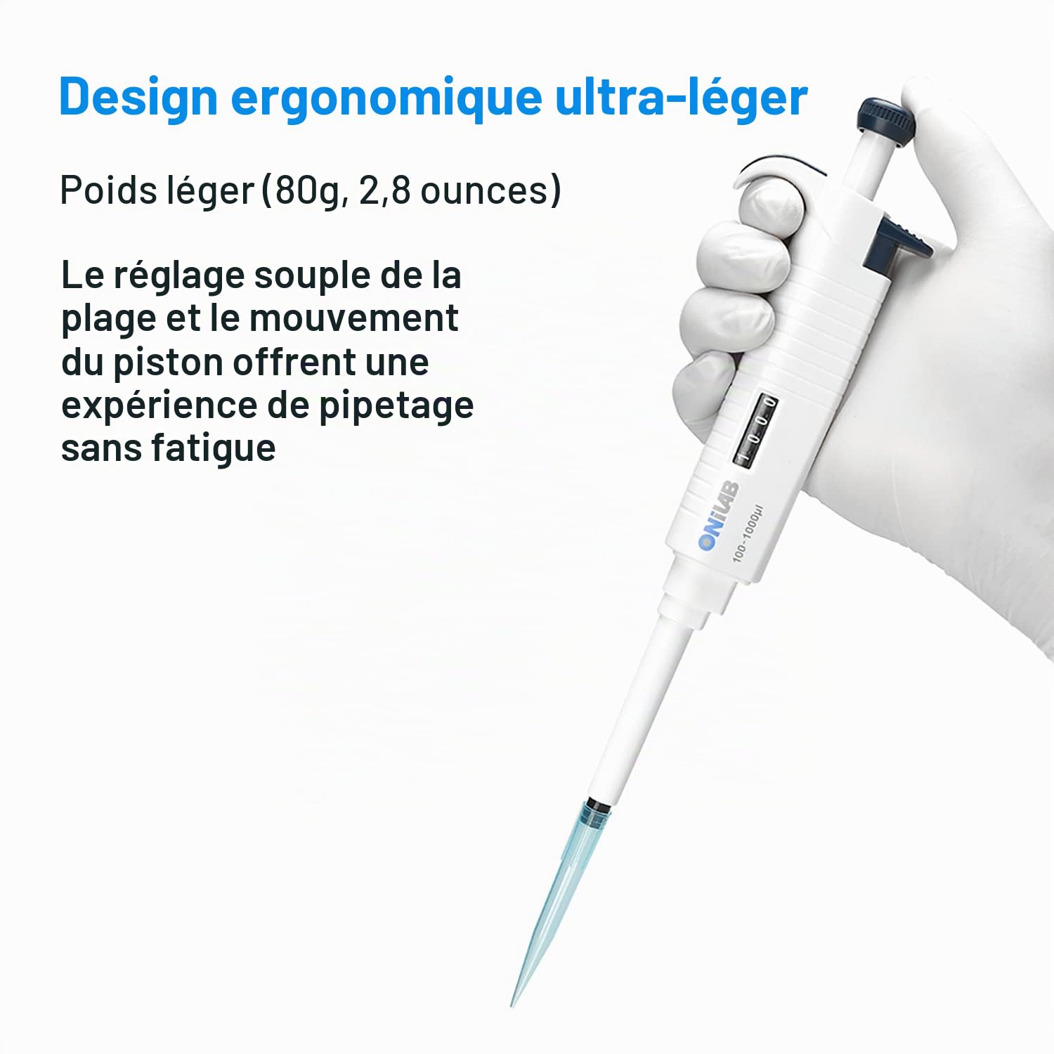 ONiLAB Micropipette de laboratoire, pipette monocanale, pipette à volume réglable, micropipettes, pipette de haute précision, entièrement autoclavable, 10-100 ul