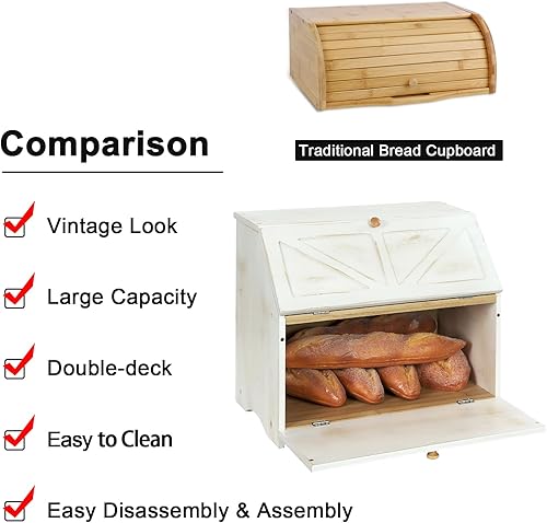 Miniatura 8 de HOMEKOKO Panera grande de doble capa para encimera de cocina, contenedor de almacenamiento de pan de madera de gran capacidad (negro) Negro