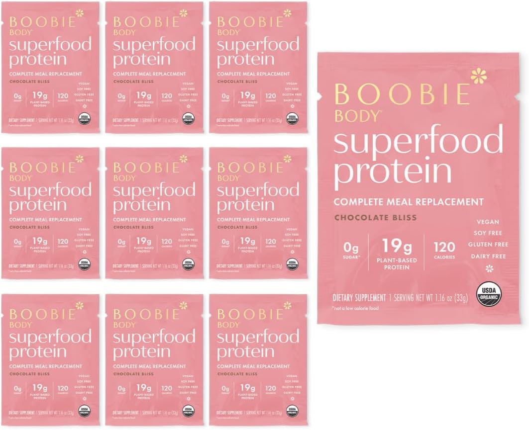 Boobie Body Superfood Protein Meal Replacement Shake, Chocolate Bliss Flavor | 19g Protein | Safe For Pregnancy, Lactation, & Motherhood | Organic, Vegan, Zero Sugar, 10 Single Serve Packets (1.16 oz each)