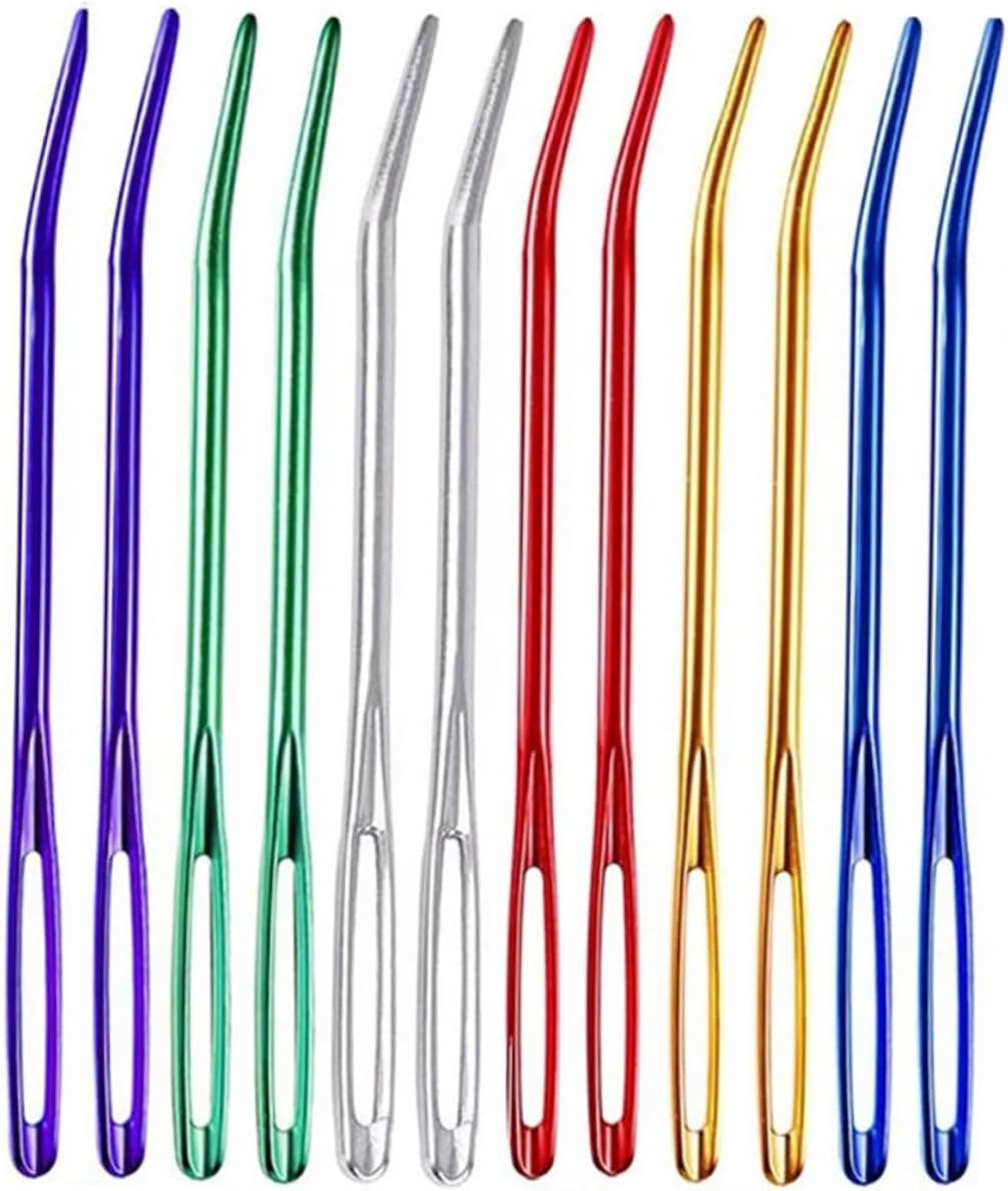 COOPHYA 12pcs Aluminum Yarn and Tapestry Needles Mixed Colors Bent Large Eye Sewing Needles for Knitting and Crochet Household Use Random Color