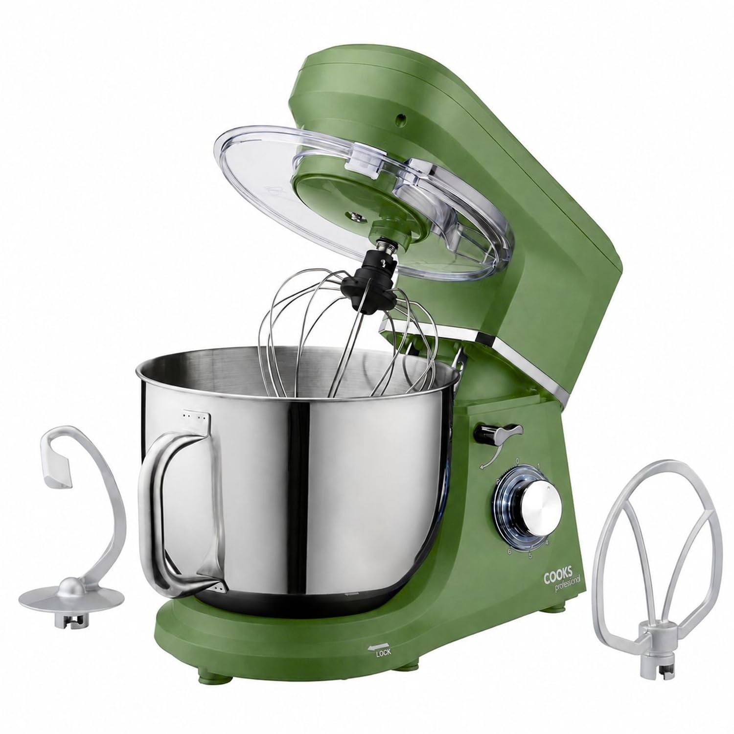 Cooks Professional Stand Mixer 1200W with 6 Speeds & Pulse Function, 7L Stainless Steel Mixing Bowl, Splash Guard, Whisk, Beater & Dough Hook | Electric Kitchen Mixer for Cakes, Bread, Baking | Green
