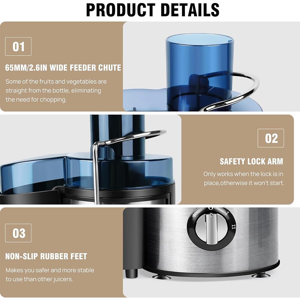 Licuadora centrífuga de 800 W, de acero inoxidable, con capacidad de 450 ml, control de 2 velocidades, sistema antigoteo y tolva de alimentación de 65 mm para frutas y verduras.