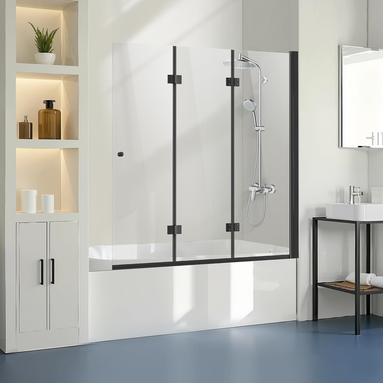vevor bathtub shower door, 51" w x 56" h, frameless foldable hinged shower door, tri-fold shower glass door with 1/4 in tempered glass door, 180°rotating and folding design, for bathtub, black