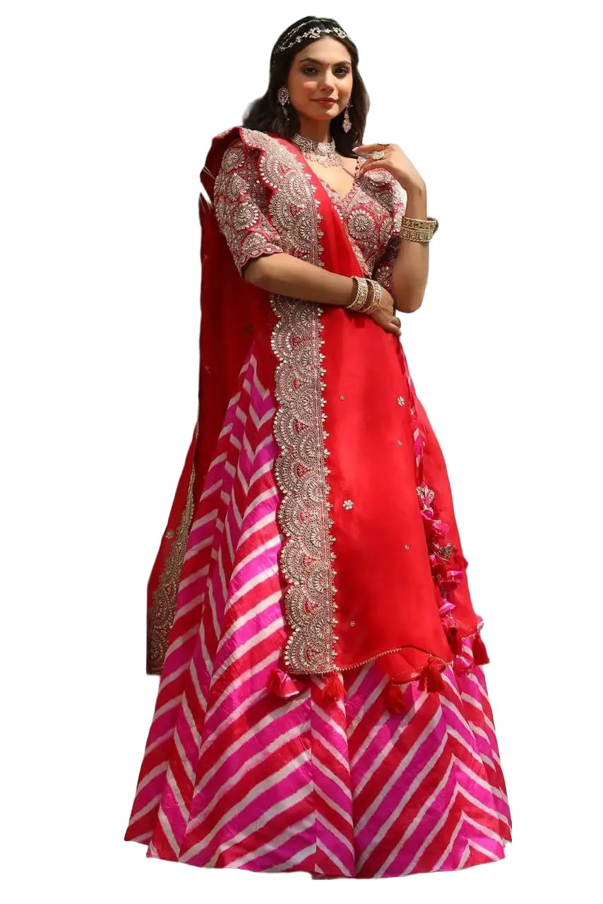 Readymade Bollywood Style Lehenga Choli for Women in Maslin Silk with Bandhani Digital Print & Embroidery Sequence Work-image-25