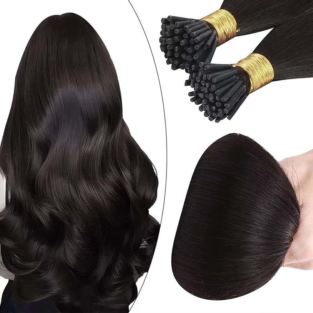 I Tip Extensions Human Hair Natural Black Straight Brazilian Remy Stick Tip Hair Extensions 1 Grams/Pcs 100 Strands/Package Pre Bonded I Tip Human Hair Extensions for Thinning Hair 30 Inch